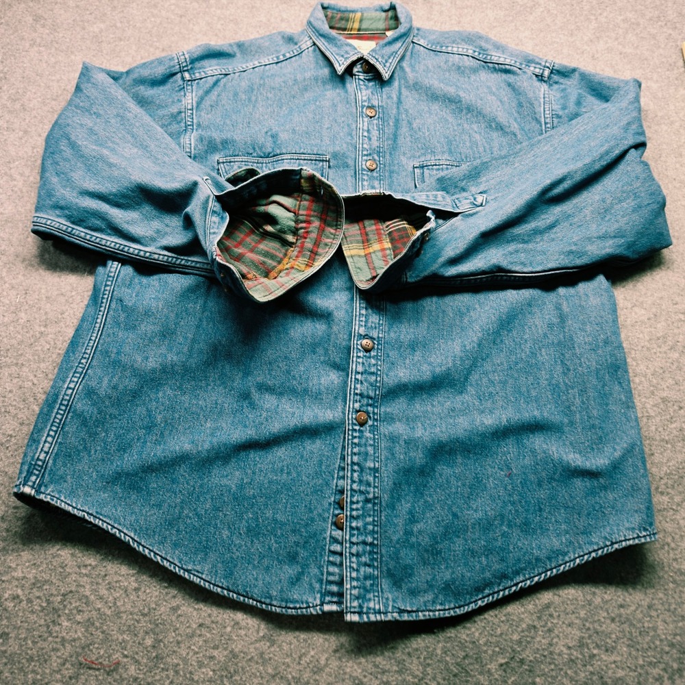 Eddie Bauer Made in USA VTG  Men Blue Denim Flannel Lined Button Down Shirt XL - Picture 5 of 15